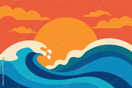 Vibrant flat illustration of a large ocean wave crashing with a warm sunset and scattered clouds in the background