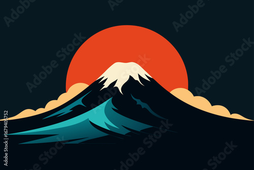 Stylized illustration of mount fuji with a rising sun and abstract clouds in a dark blue night sky