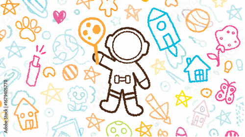 Hand drawn astronaut with balloon surrounded by stars rockets and houses in pastel colors on white background