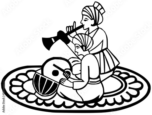Festive musicians playing traditional instruments for cultural event celebration graphic