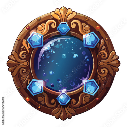 An intricate gold-framed magical icon with a brilliant blue crystal at its heart, radiating a brilliant flash of ethereal light and cosmic energy
