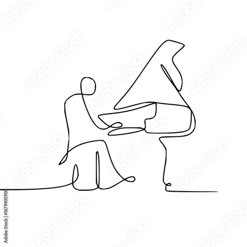 Elegant continuous line drawing of a pianist playing grand piano creating beautiful music, a modern artistic design