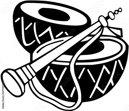 Striking black and white graphic of traditional Indian drums with a wind instrument design