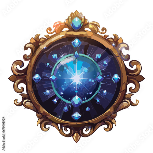 A majestic golden round frame with a radiant blue gem at its core, emanating powerful magical sparks and bright cosmic energy