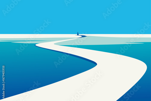 A solitary sailboat navigates a winding white path across a serene blue ocean under a clear sky