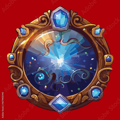 An ornate circular magical shield featuring a vibrant glowing blue gem with star particles, a mystical fantasy game avatar icon