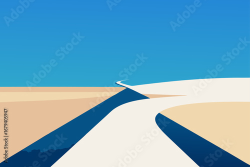 A stylized minimalist landscape featuring a winding road through sandy dunes under a clear blue sky