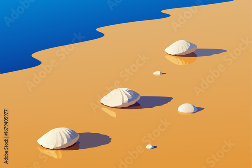 Serene beach scene with white seashells scattered on wet golden sand with gentle blue ocean waves lapping the shore