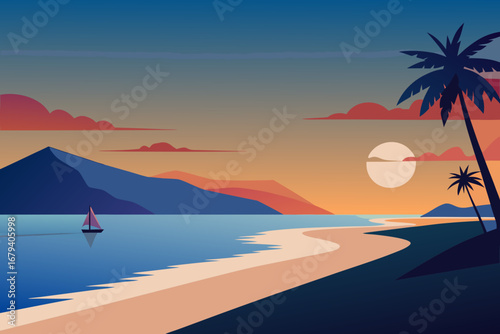 Serene tropical beach at sunset with a sailboat and palm trees against a colorful sky