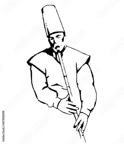 Mystic musician playing flute with tall hat, perfect for cultural or historical designs and artistic projects