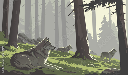 A wolf pack resting in a dense pine forest with sunlight beams shining through trees, misty atmosphere, ultra-detailed and cinematic concept art, realistic wildlife scene vector art"
