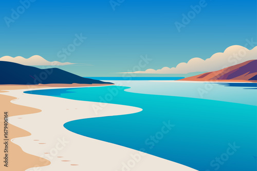 Stylized illustration of a serene beach with turquoise water sandy shore and distant mountains under a clear blue sky with fluffy clouds