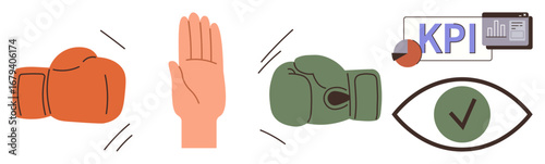 Boxing gloves clashing with a hand stopping them, KPI visualization, and a checkmarked eye icon. Ideal for teamwork, goal-setting, negotiation, performance, business optimization, data analysis