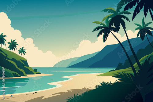 Serene tropical beach with turquoise water sandy shore lush green hills and palm trees under a soft sky