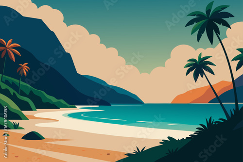 Serene tropical beach with calm turquoise water lush green hills and palm trees under a cloudy sky