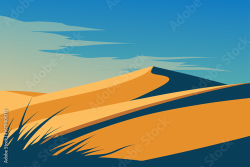 Stylized desert landscape with rolling sand dunes and sparse vegetation under a clear blue sky with wispy clouds