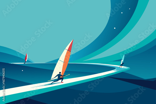 Two windsurfers race across a stylized ocean with abstract waves and a bright blue sky
