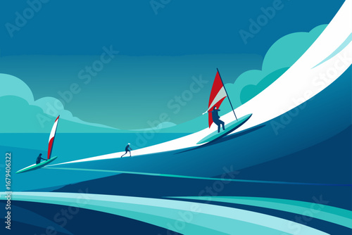 Two windsurfers gracefully ride the waves under a clear blue sky with distant clouds and mountains