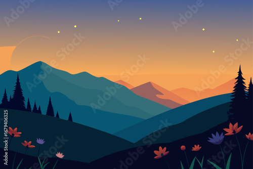 Serene mountain landscape with rolling hills pine trees and wildflowers under a twilight sky with stars