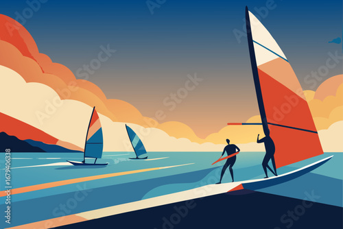 Stylized illustration of windsurfers and sailboats on the ocean at sunset with colorful clouds and distant mountains