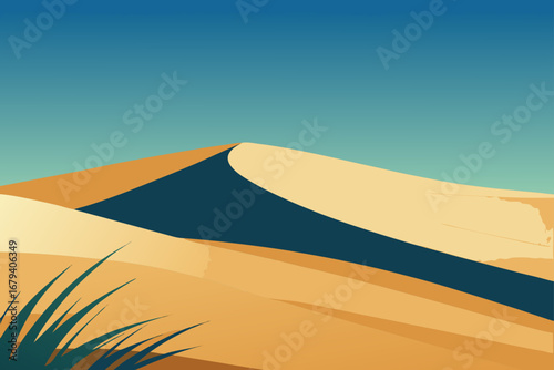 Stylized illustration of rolling sand dunes under a clear blue sky with sparse desert grass in the foreground