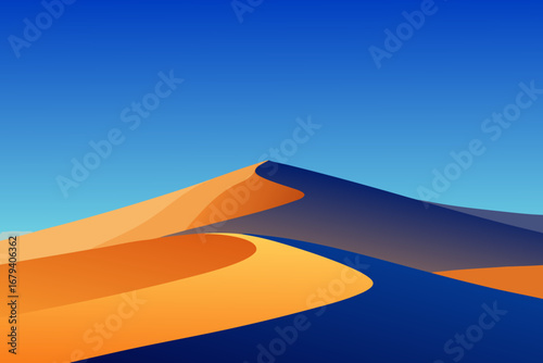 Abstract minimalist desert landscape with rolling sand dunes under a clear blue sky