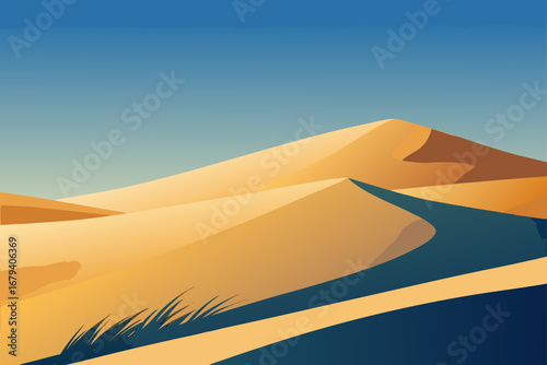 Stylized desert landscape with golden sand dunes under a clear blue sky and sparse vegetation