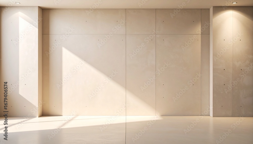 Fototapeta premium Minimalist concrete interior with dramatic diagonal sunlight and soft ambient lighting