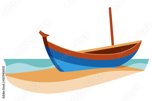 A charming blue and brown wooden boat rests on a sandy beach with gentle blue waves lapping at the shore