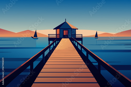 Serene sunset over a wooden pier leading to a small boathouse with sailboats on the calm ocean water