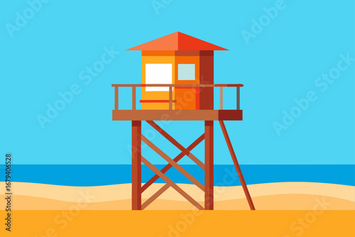 Flat design illustration of a lifeguard tower on a sandy beach with ocean and blue sky background