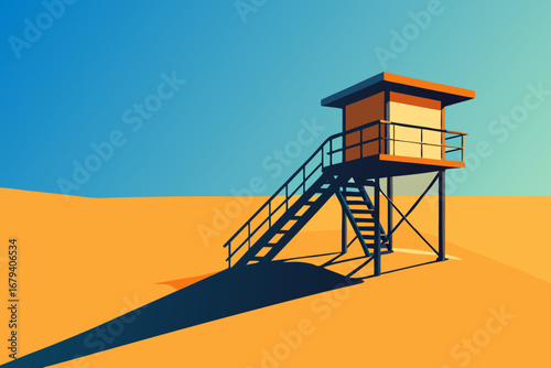 Minimalist illustration of an orange lifeguard tower on a sandy beach under a clear blue sky with long shadows