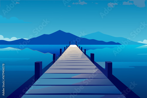 A serene wooden pier extends into a calm blue lake towards distant mountains under a twilight sky
