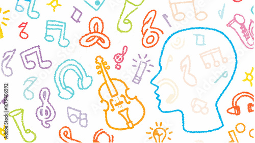 Colorful music themed drawing featuring musical notes, instruments and a head outline filled with notes