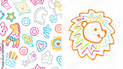 Illustration featuring a lion with colorful mane and various drawn objects on a white background