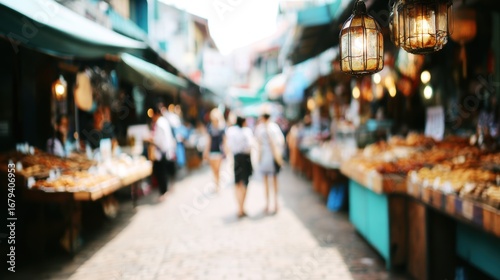 Wallpaper Mural Blurred street market scene with out of focus people browsing vibrant stalls illuminated by warm hanging lanterns Torontodigital.ca