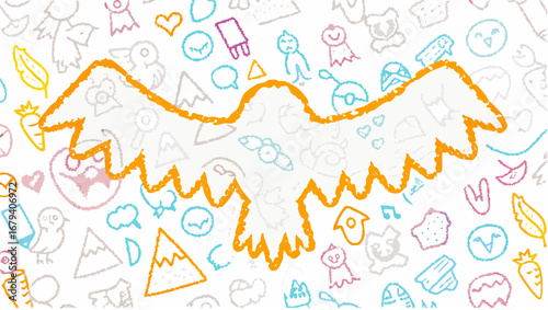 Orange outlined bird with wings spread over a background of various doodle icons and shapes design