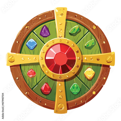 Ornate red gem on a wooden shield a decorative jewel badge for games and fantasy designs