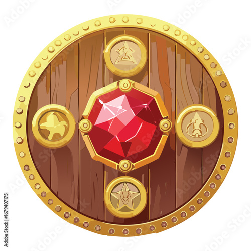 Ornate red gem on a wooden shield a decorative jewel badge for games and fantasy designs