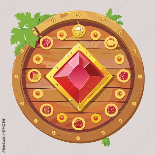 Ornate red gem on a decorated shield a decorative jewel badge for games and fantasy designs