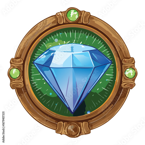 Shiny blue diamond on a red badge with foliage a beautiful jewel icon for games and magic themed designs