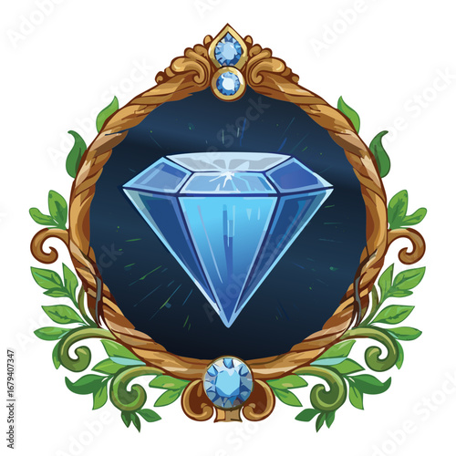 Shiny blue diamond on a dark round badge a beautiful jewel icon for games and magic themed designs