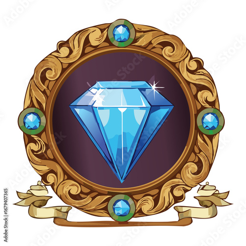 Shiny blue diamond on a brown badge with golden frame a beautiful jewel icon for games and magic designs