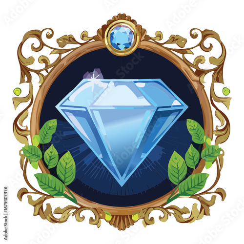 Shiny blue diamond on an ornate golden frame a beautiful jewel icon for games and magic themed designs