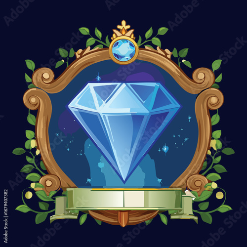 Shiny blue diamond with foliage on a dark badge a beautiful jewel icon for games and magic themes