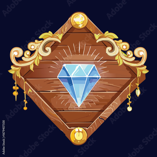 Shiny blue diamond on an intricate golden badge a beautiful jewel icon for games and magic themed designs