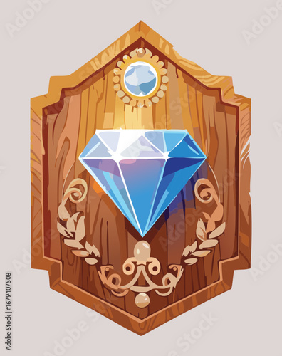Shiny blue diamond on a wooden ornate badge a beautiful jewel icon for games and magic themed designs