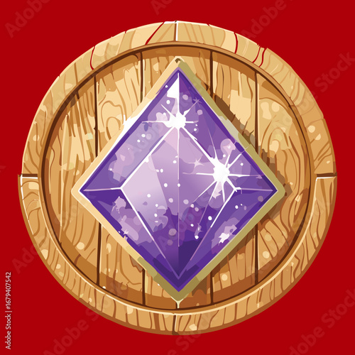 Shiny purple diamond on a red circular badge a beautiful jewel icon for games and magic themed designs