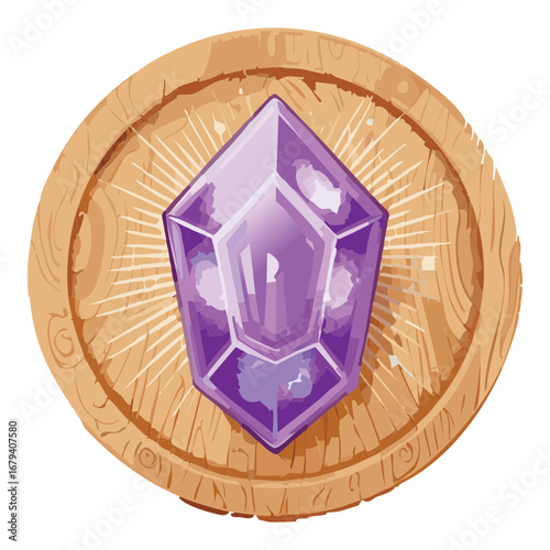 Shiny purple diamond on a rustic wooden badge a beautiful jewel icon for games and magic themed designs