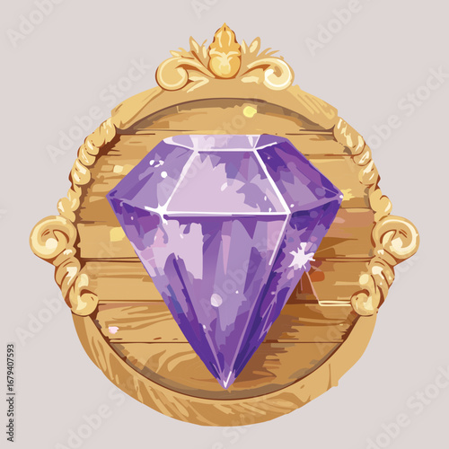 Shiny purple diamond on a golden ornate badge a beautiful jewel icon for games and magic themed designs